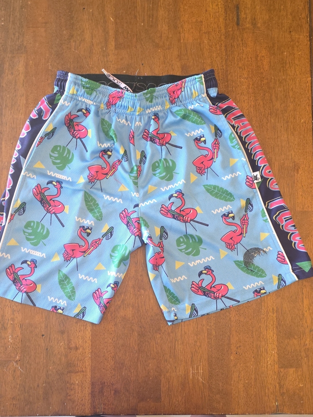 Mossy Oak Blue Athletic Shorts with Pink Flamingo Print